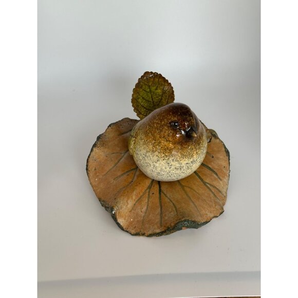 Pottery Fat Brown Bird Figure With Leaf Shaped Wings & Tail Sitting On A Leaf - Picture 13 of 13